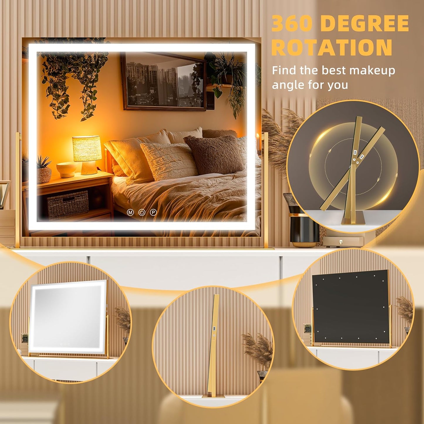 Vanity Mirror with Lights, 26'' x 22'' Lighted Makeup Mirror, Touch Screen with 3-Color Lighting, Dimmable for Vanity Desk Tabletop Square Gold