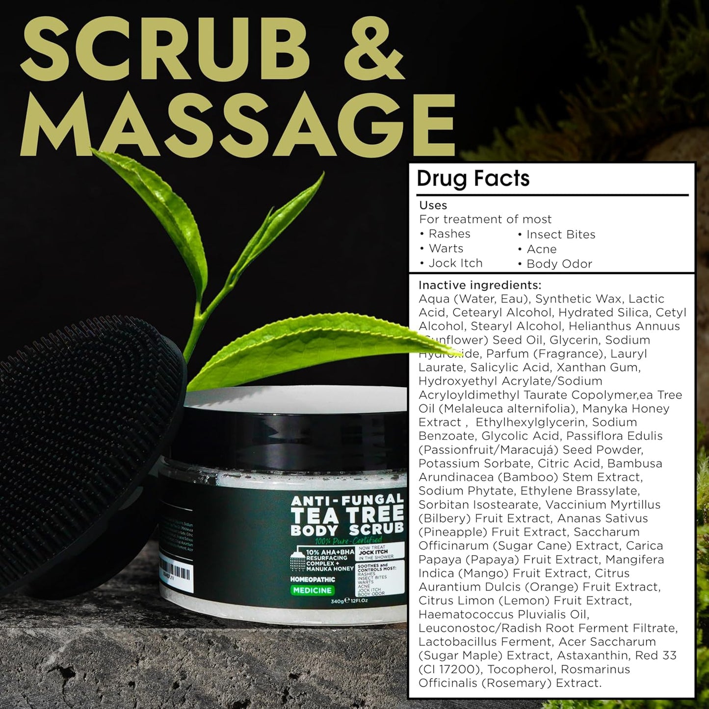 Terramed Just Think Comfort Antifungal Body Scrub with Tea Tree Oil – Exfoliating Body Wash for Women & Men – Soothes Itchy Skin, Rashes, Acne, Warts & Insects Bites – 12 Fl oz with Scrubber Brush