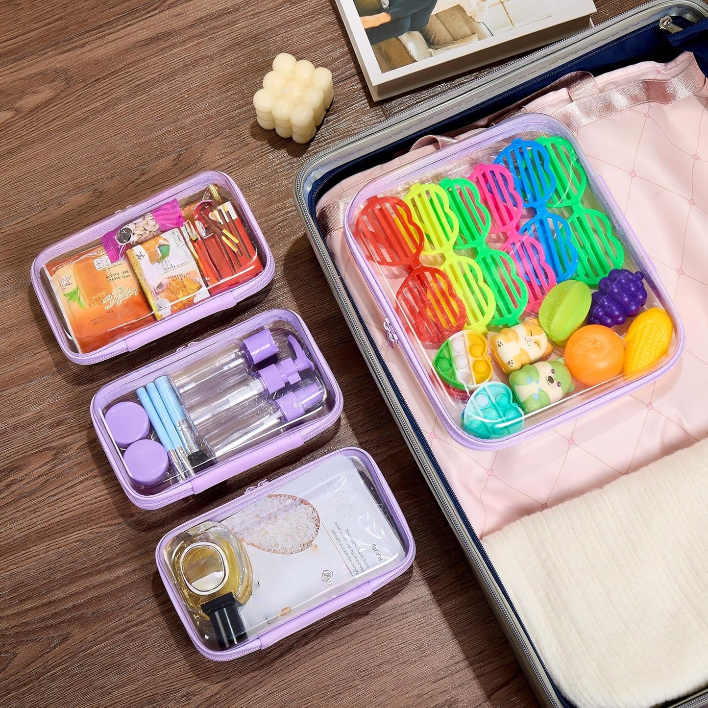 4 pcs Clear Zipper Pouches,Hard Shell Zipper Case, Toiletry Bag for Travel, CLear Diaper Bag, Toiletry Pouch, Travel Organizer, Clear Cosmetic Bag,Toy Storage Bins (M+3S) (Lavender)